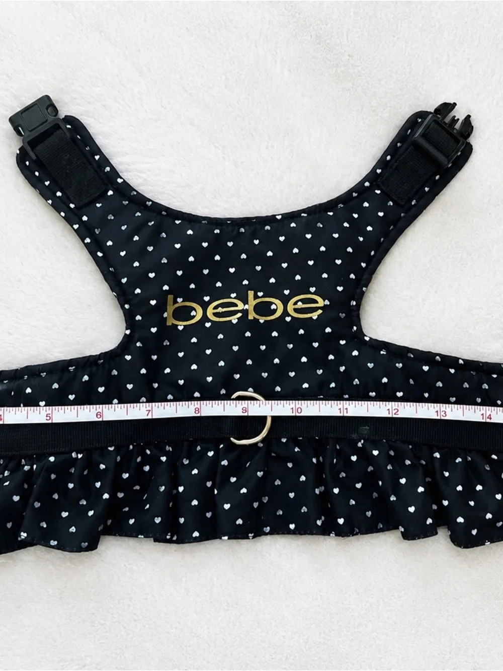 bebe Black & White Heart Print Ruffle Dog Harness with Gold Logo
